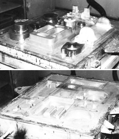 Resin Patternmaking by V-process: up - master-patterns separate covered with a foil, down - vacuum-sealed sand mold before epoxy resin pouring